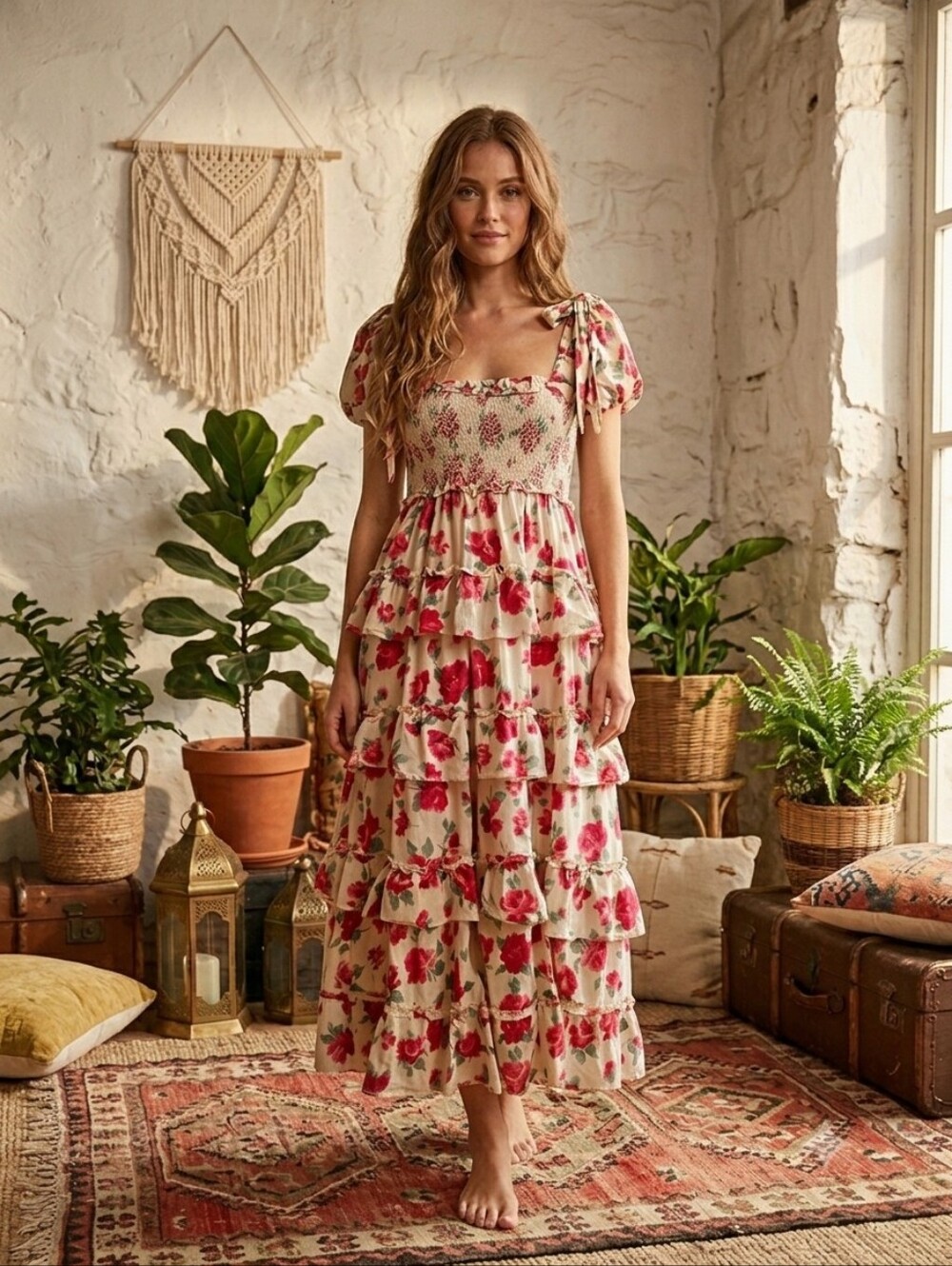 One Loved Babe Floral Smocked Tiered Ruffle Midi Dress 🌸